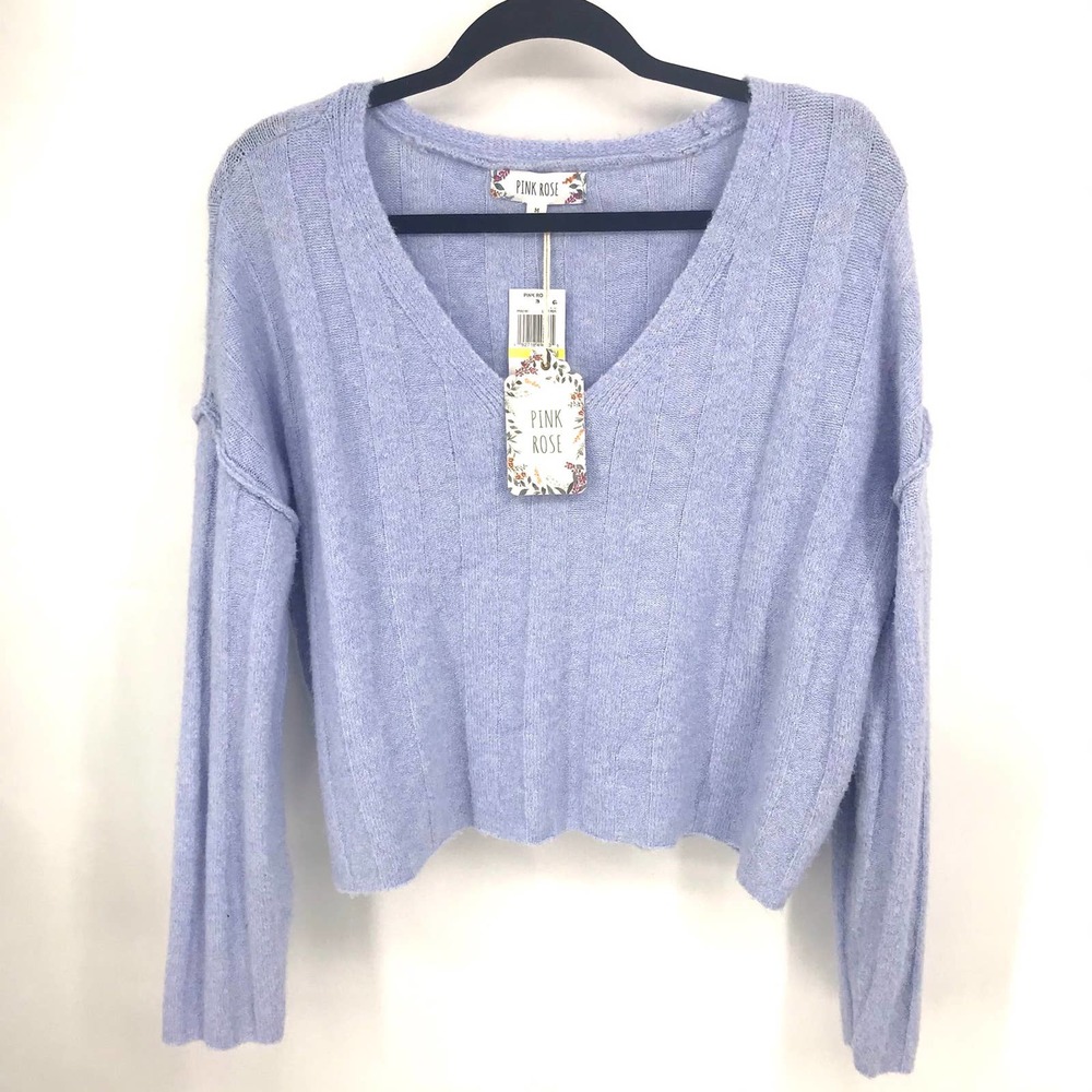 Light Blue Heather Ribbed V Neck Sweater